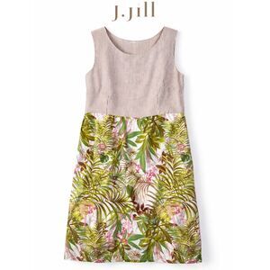 J. Jill Petite Linen Tropical Palm Dress Sleeveless A-Line Resort Coastal